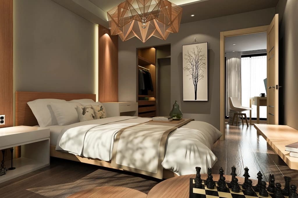 Chambre aux tons bois et lumière tamisée